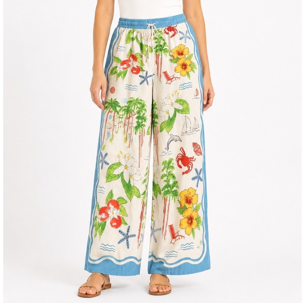 Calypso St. Barth Women's Wide Leg Colorful Floral Beach Print Pants Size M NWT